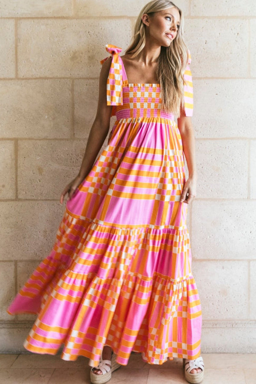 Boho Gingham Tied Straps Smocked Maxi Dress