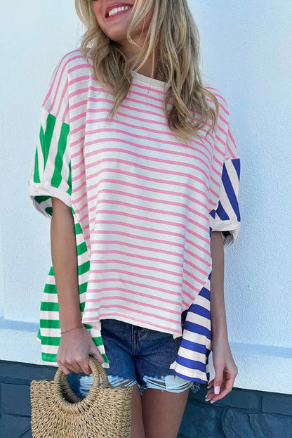 (Blue Pre order/7.5)Stripe Colorblock Patchwork Baggy Tee