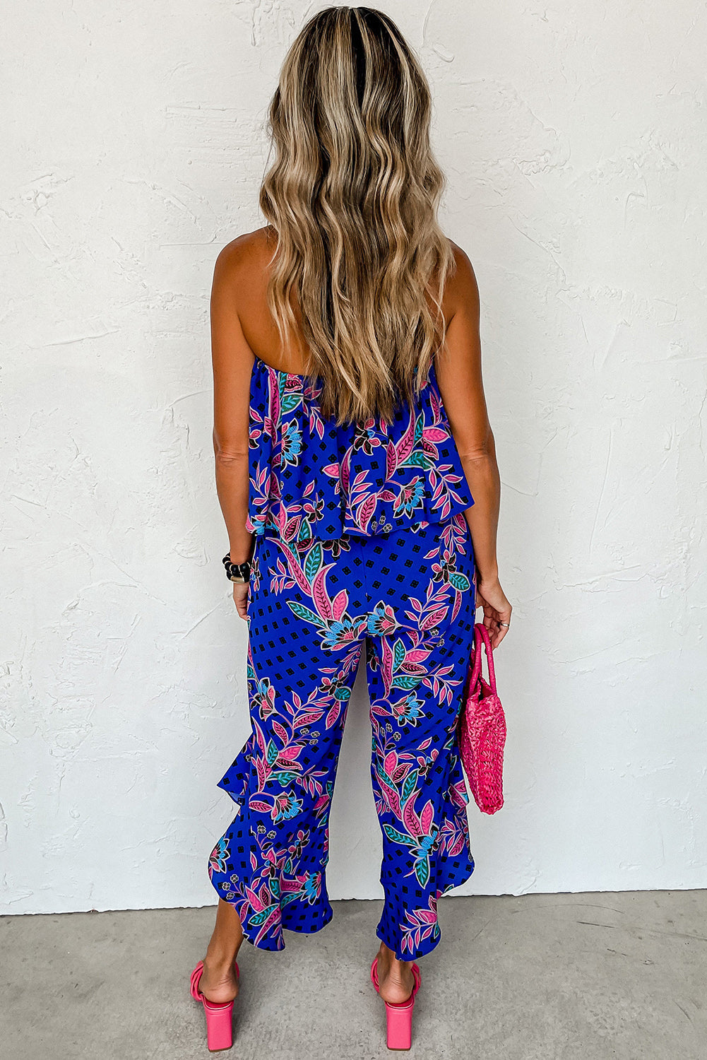 Mix Tropical Strapless Ruffled Jumpsuit