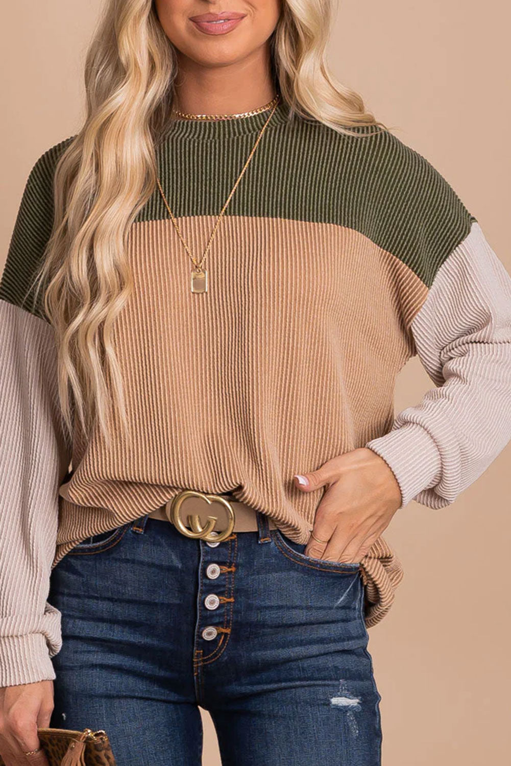 Color Block Long Sleeve Cording Loose Top