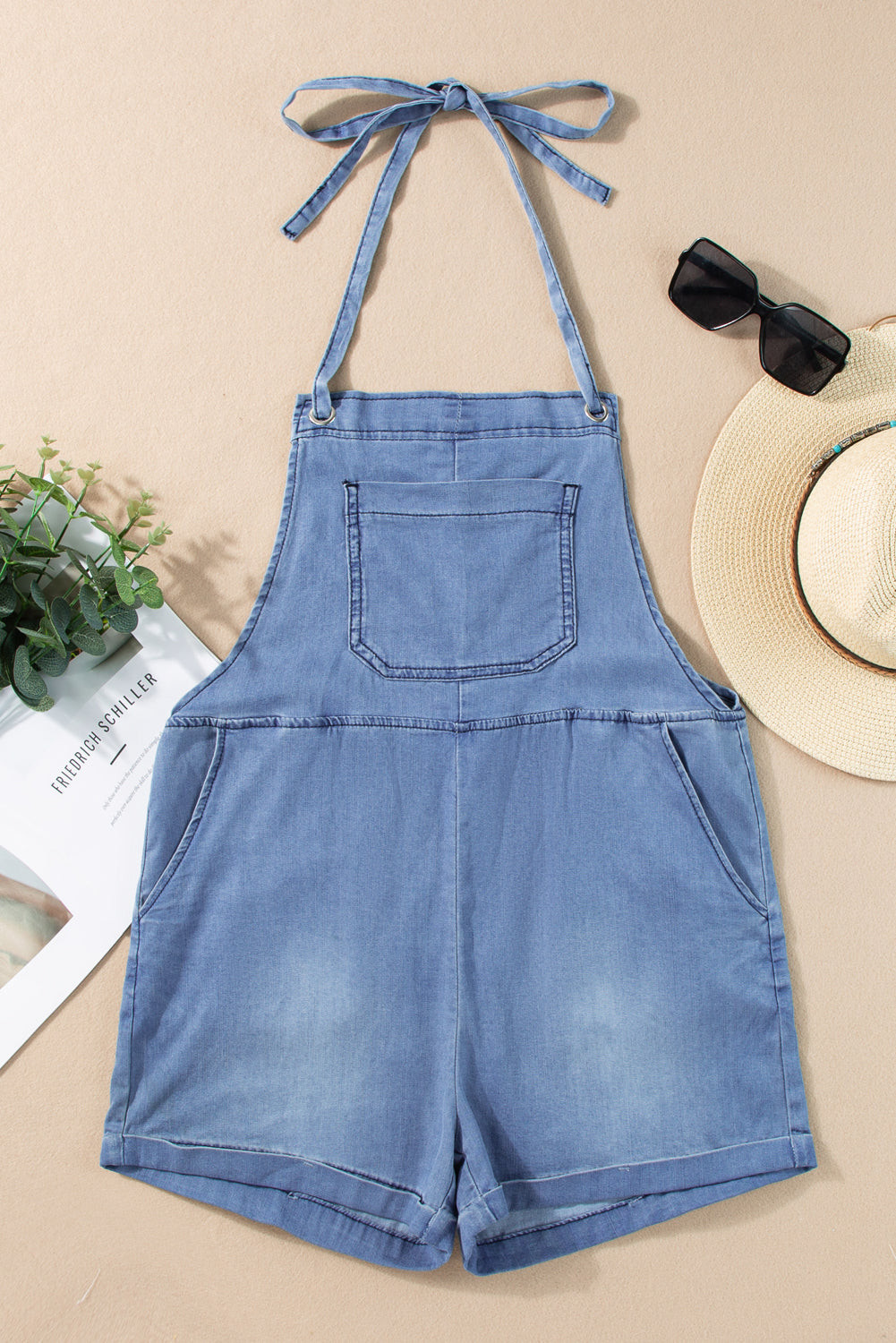 Grommet Tie Straps Casual Denim Romper