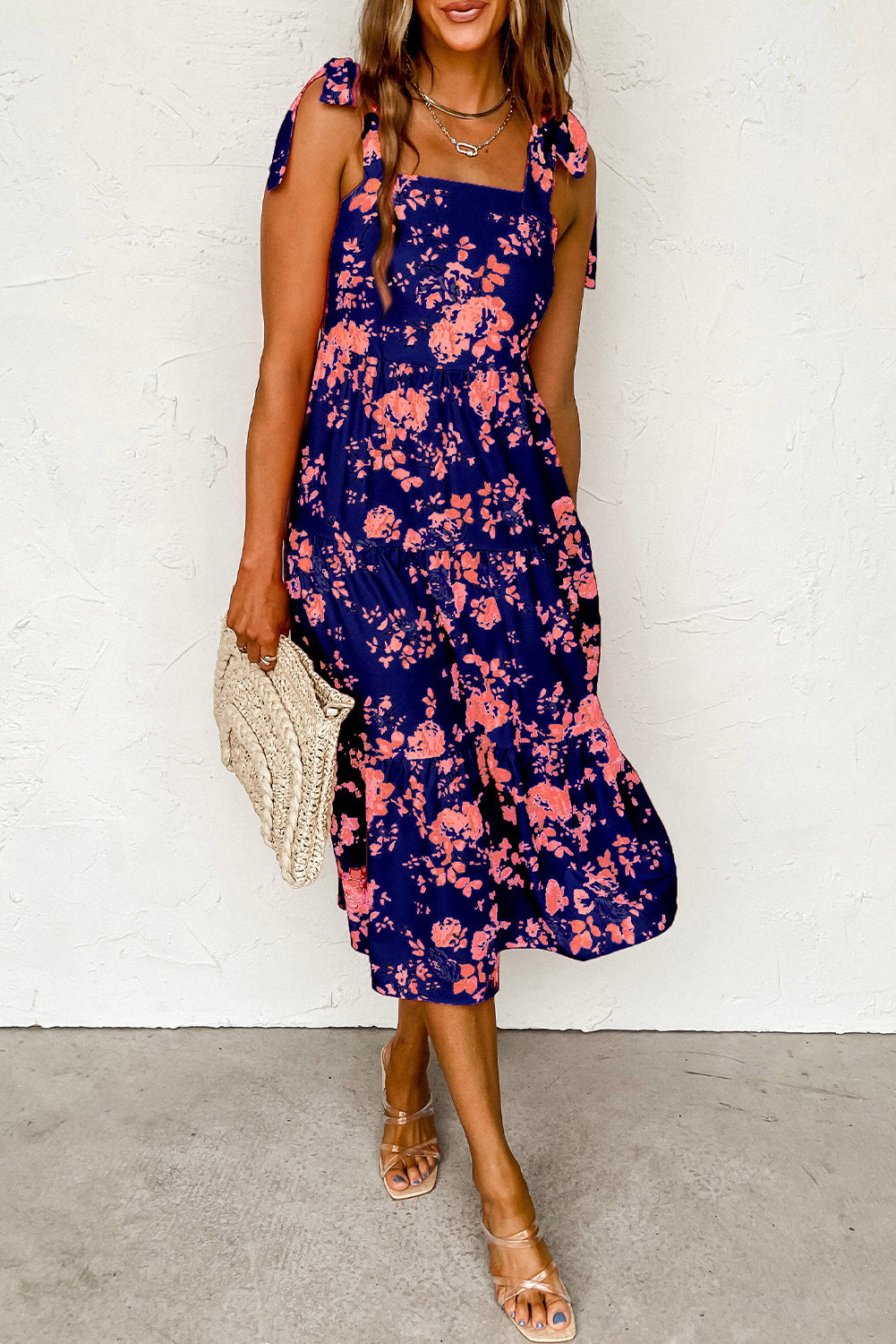 Tie Shoulder Straps Tiered Floral Dress