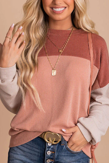 Color Block Long Sleeve Cording Loose Top