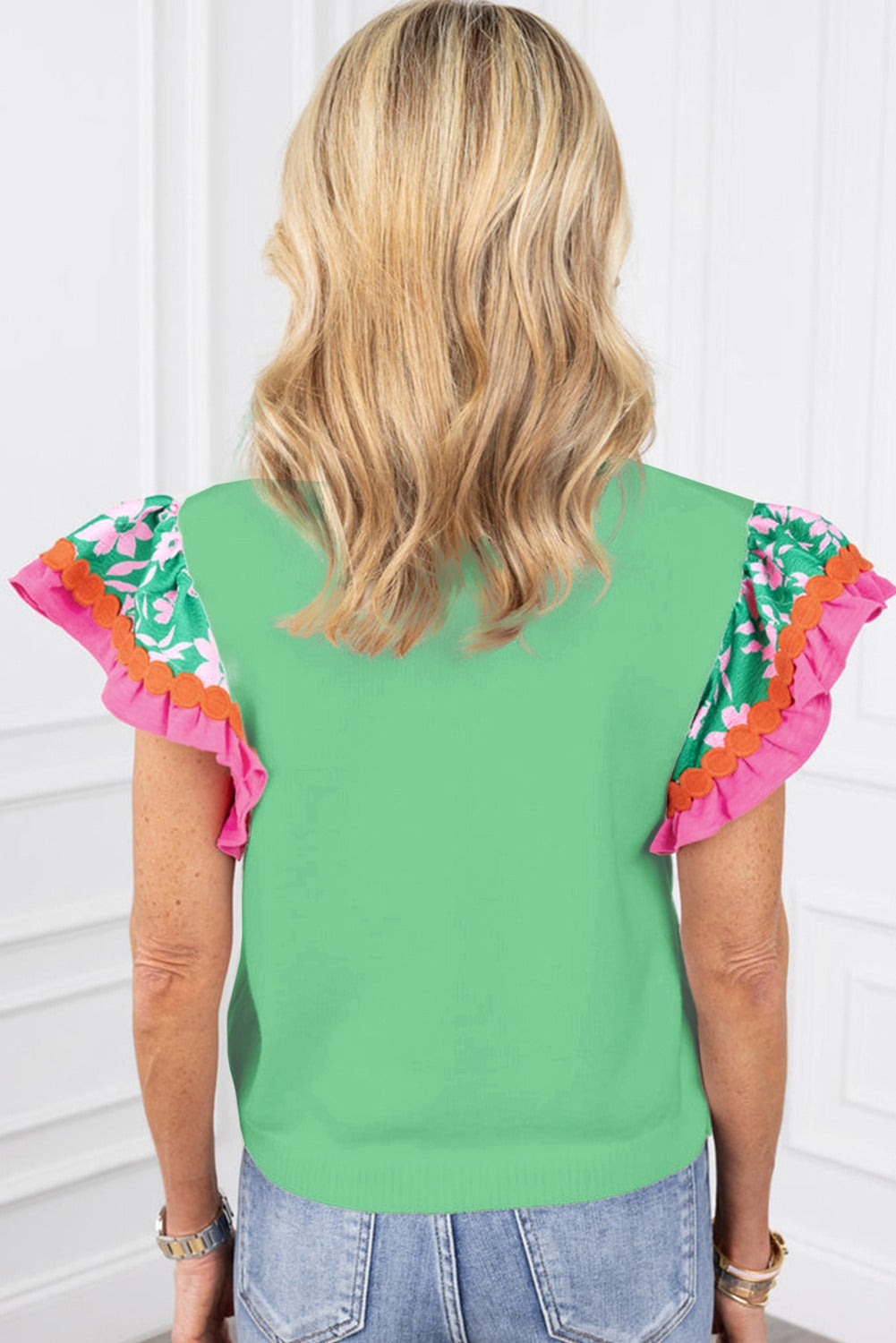 Blossom Contrast Ricrac Floral Sleeve Top