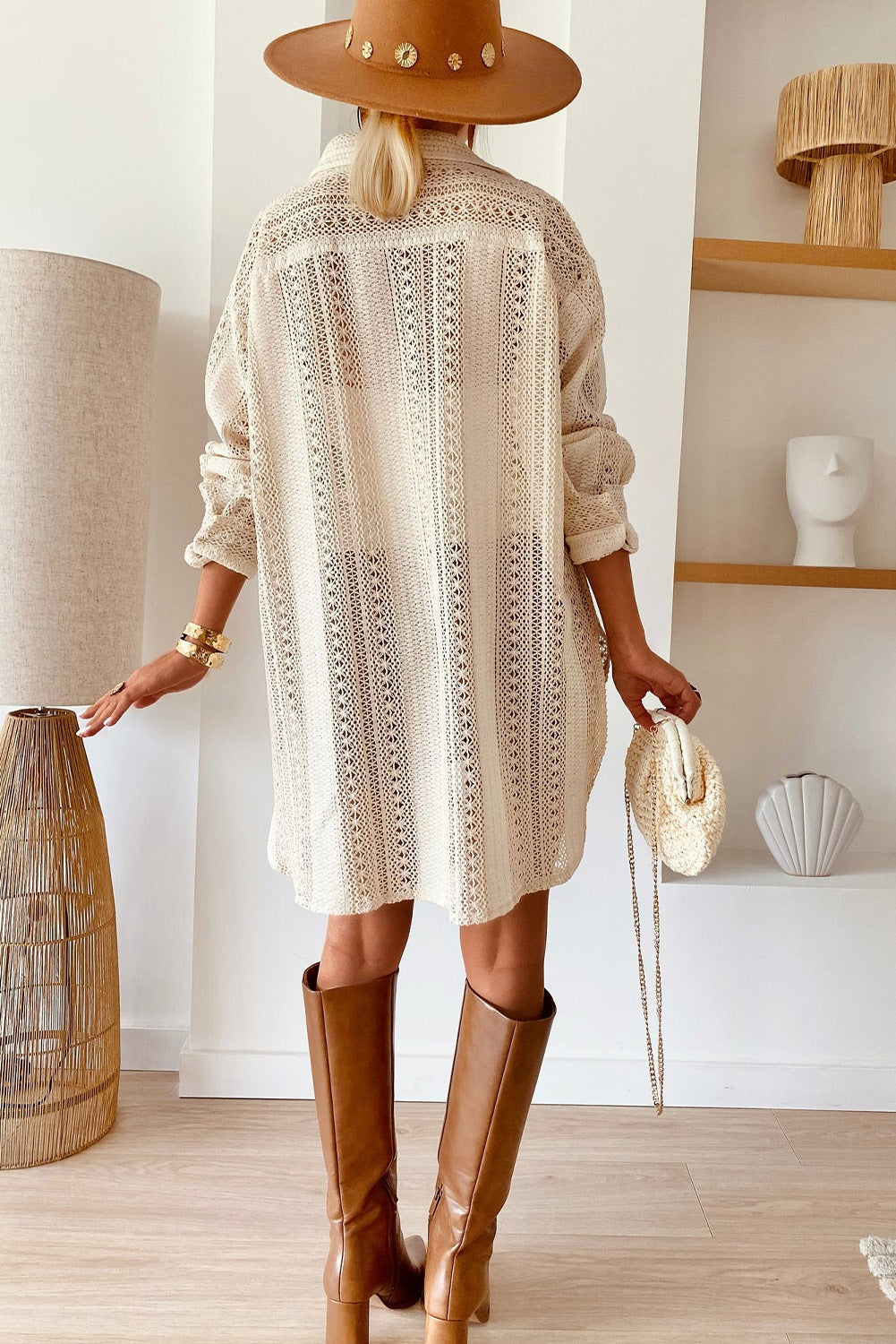 Lace Crochet Collared Tunic Oversized Shirt