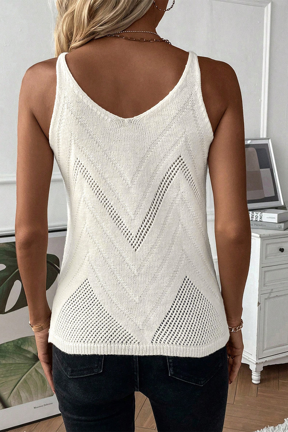 Pointelle Knit Spaghetti Straps Sweater Vest