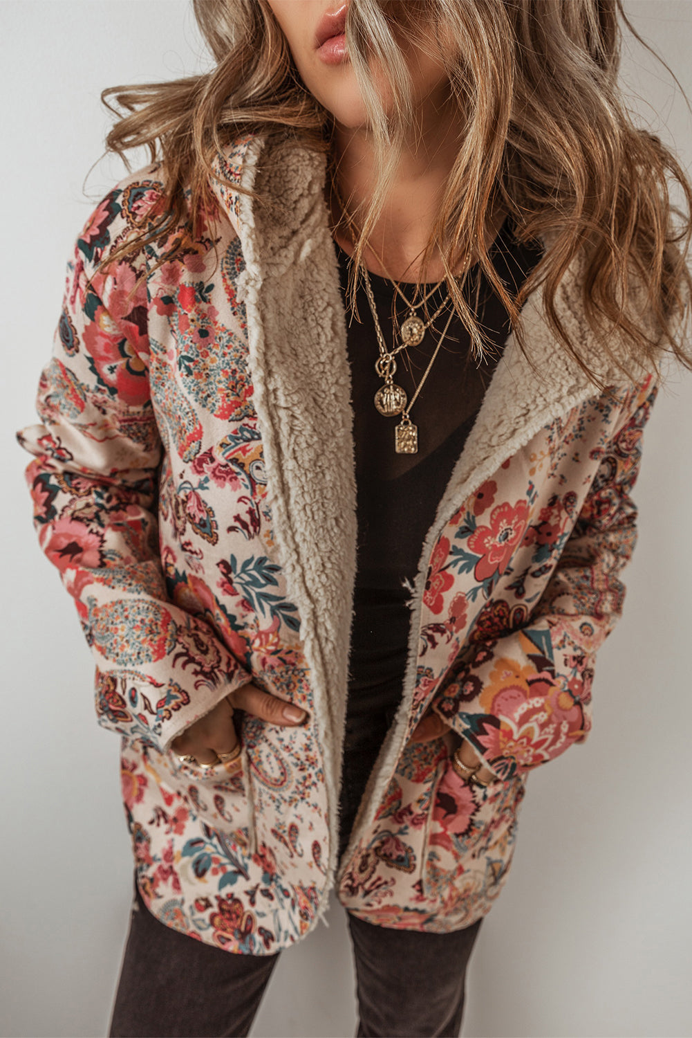 Paisley Floral Sherpa Lined Hooded Jacket