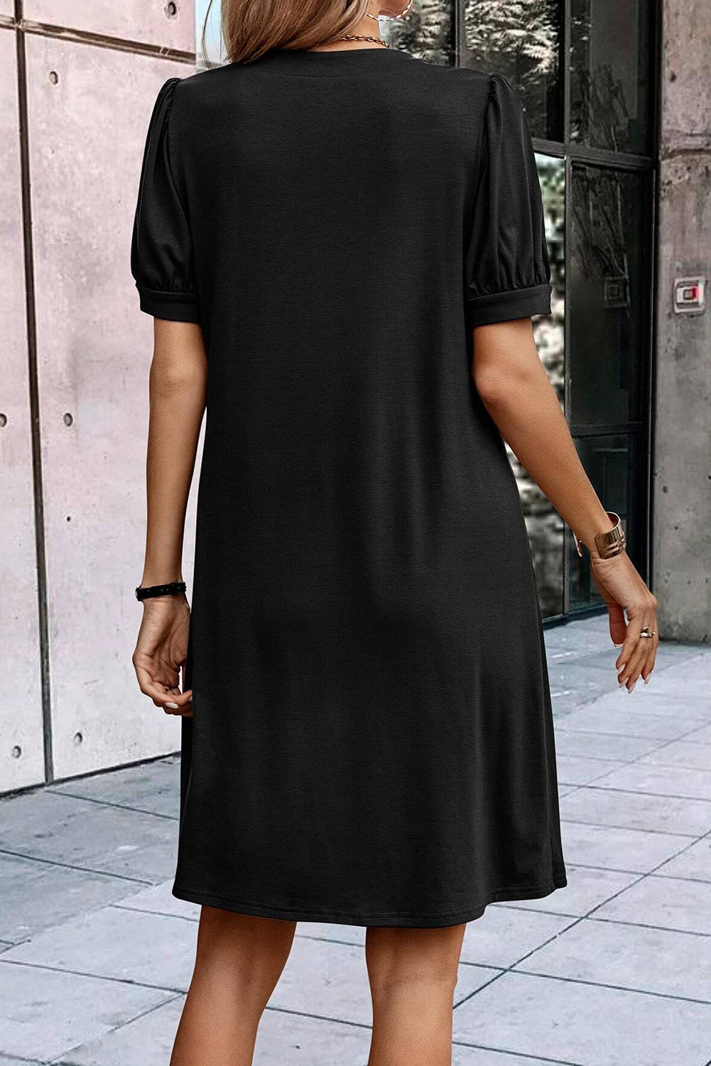 Notched Neck Pleated Puff Sleeve Dress