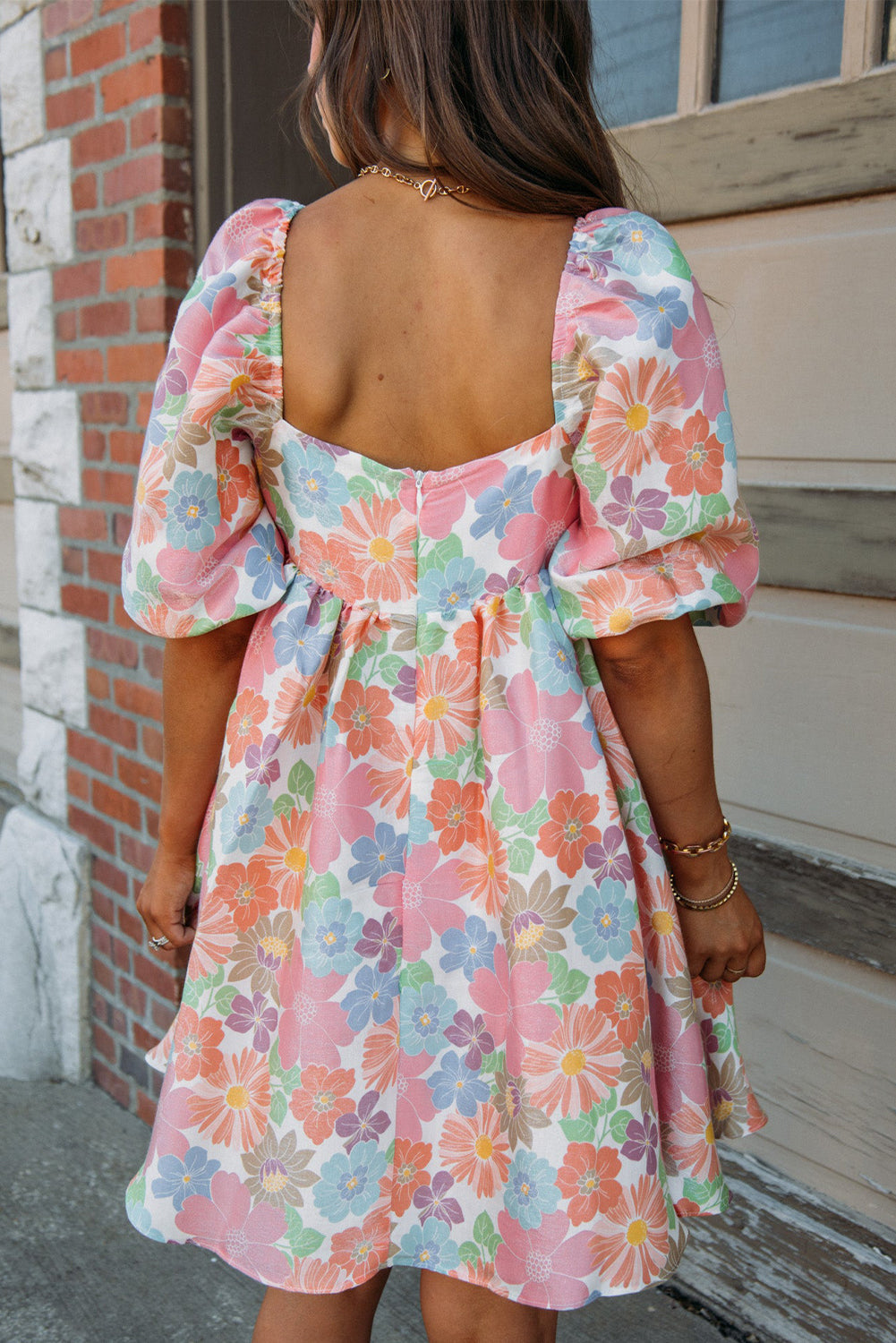 Floral Square Neck Puff Sleeve Babydoll Dress