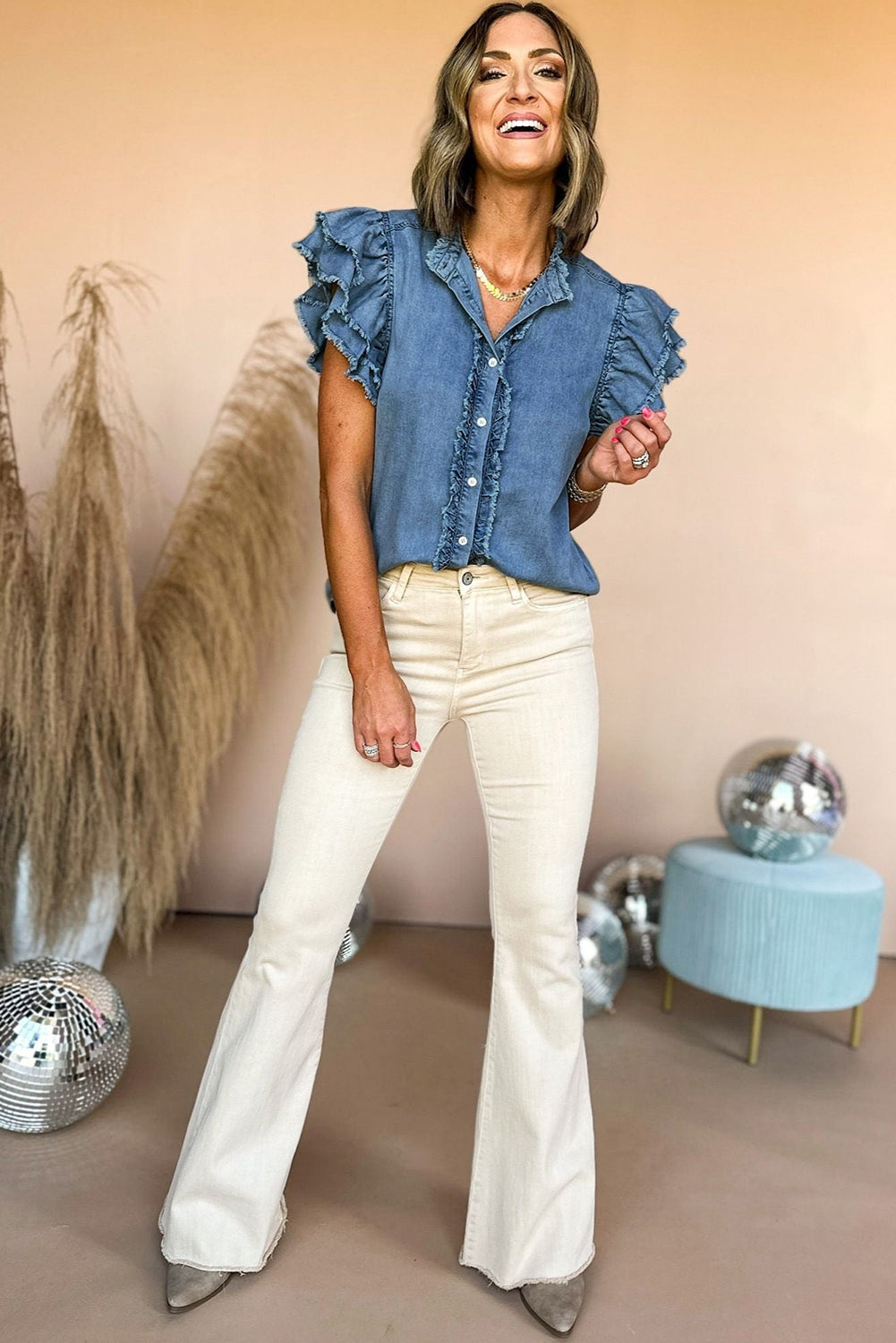 Button Front Ruffled Flutter Frayed Denim Top