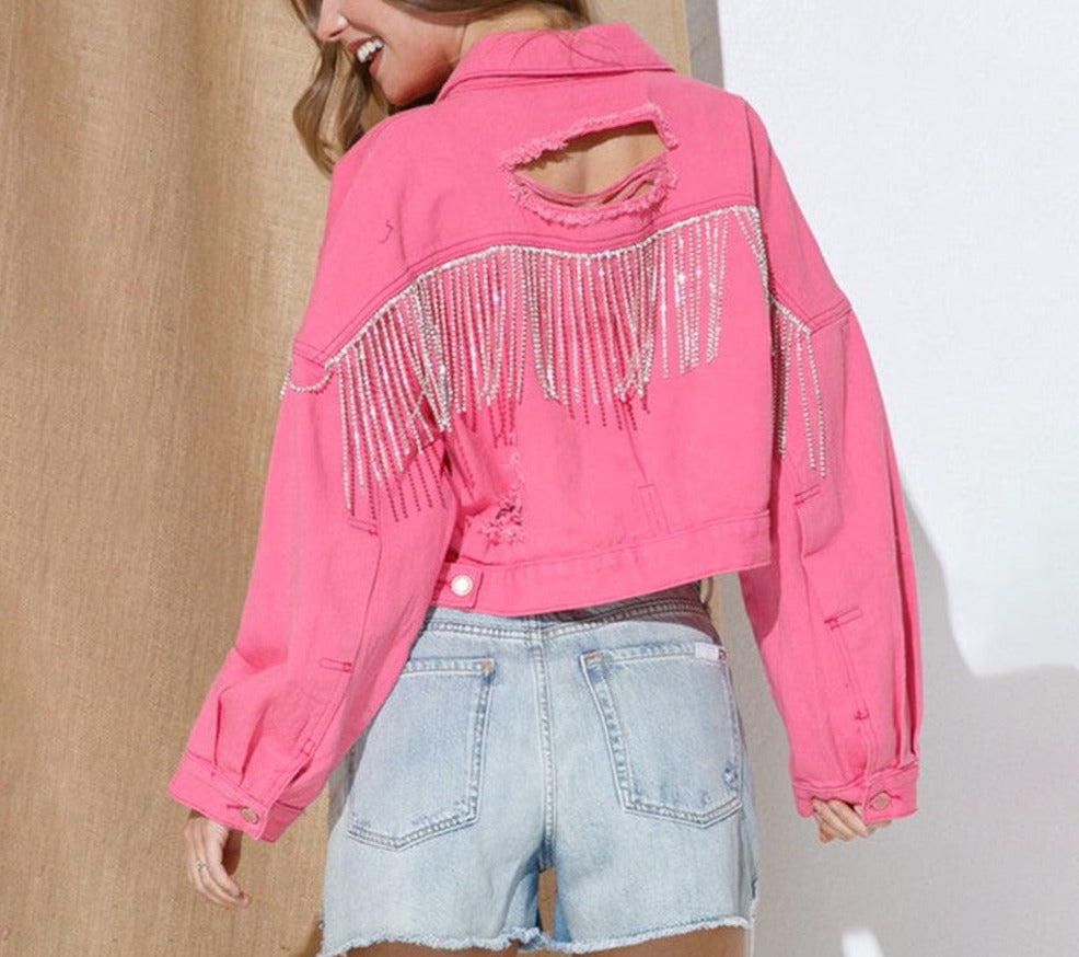 Rhinestone Fringed Denim Jacket