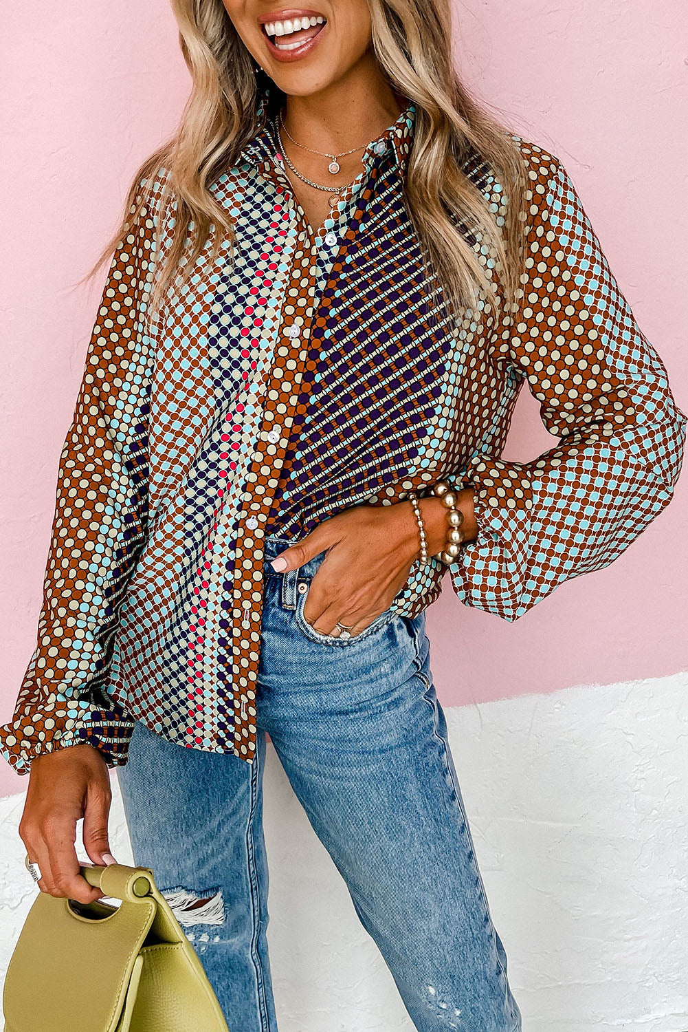 Dot Print Long Sleeve Button Down Shift Shirt