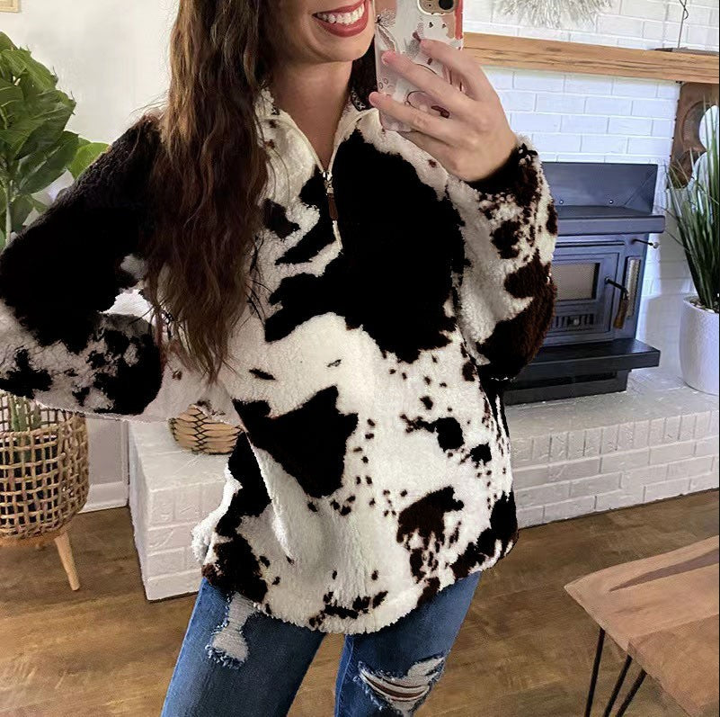 Plush Cow Zip Sweatshirt