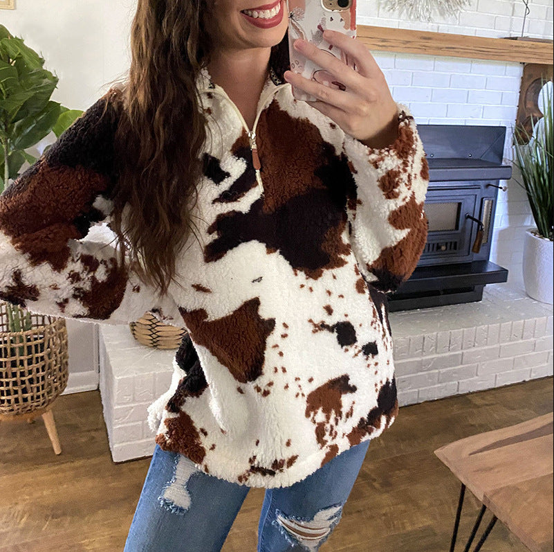 Plush Cow Zip Sweatshirt