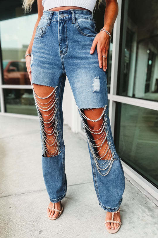 Chain Ripped Straight Jeans