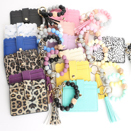 Silicone Bead Bracelet Card Case PU Tassel Lady Keychain