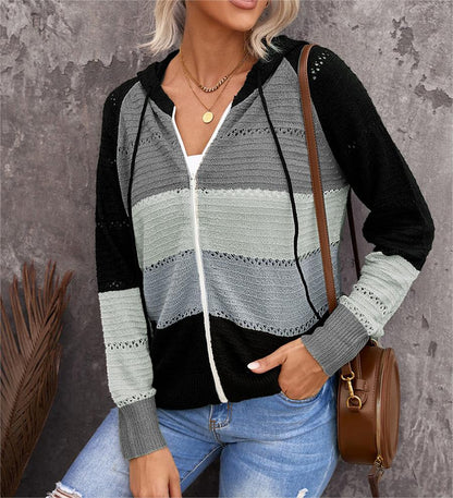 Zipped Colorblock Hollow-out Knit Hoodie