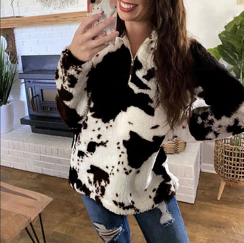 Plush Cow Zip Sweatshirt