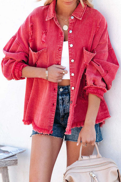 Solid Color Ripped Denim Jacket