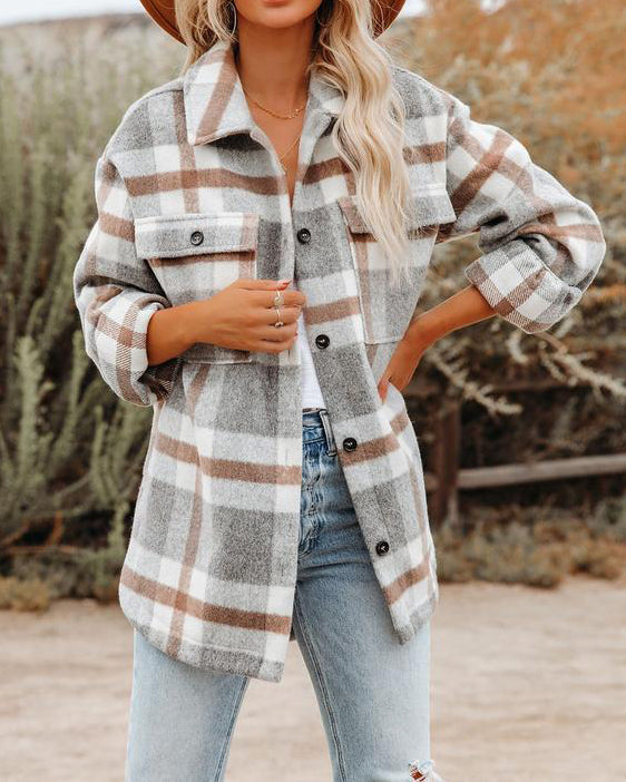 Plaid Button Flannel Wool Shirt Jacket