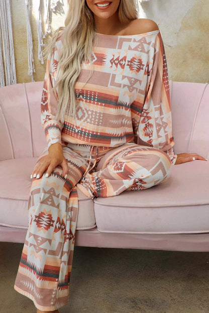 Multicolour Aztec Print Long Sleeve Top Pants Lounge Outfit