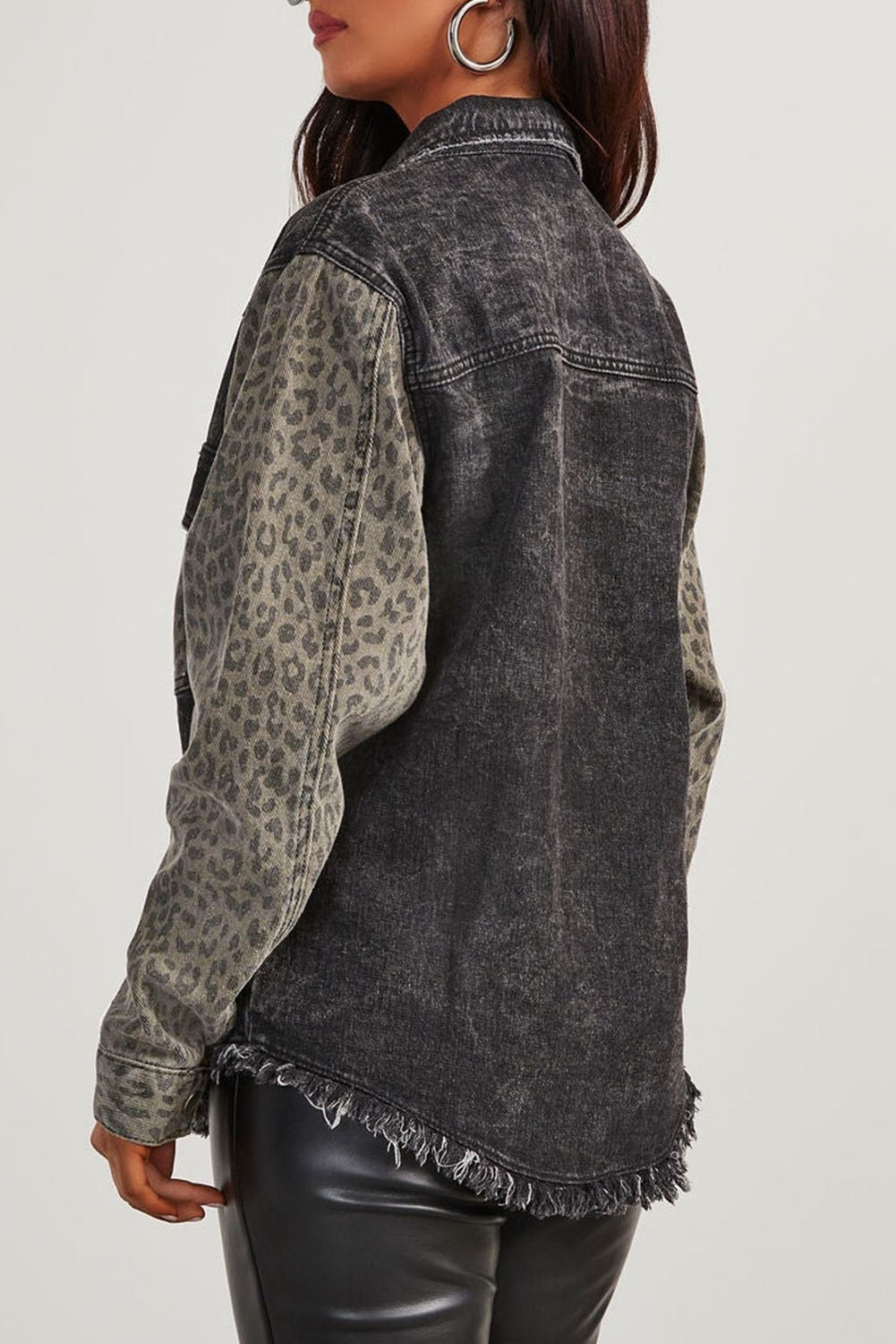 Leopard Vintage Raw Hem Denim Jacket