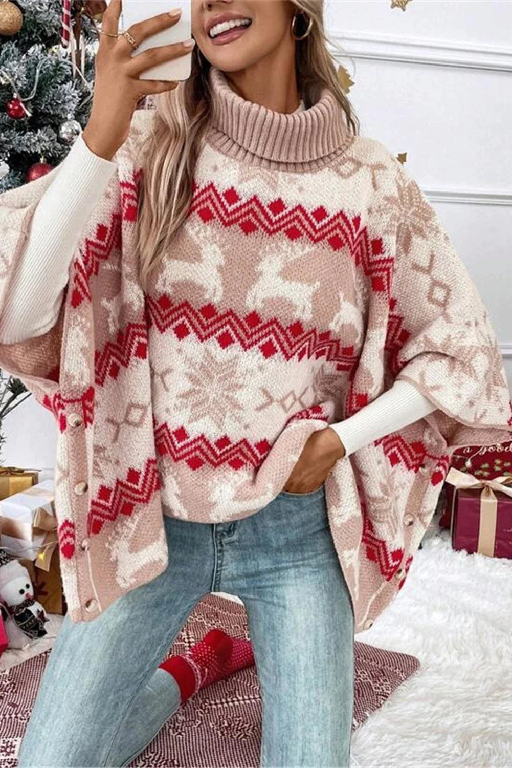 Christmas Buttoned High Neck Sweater