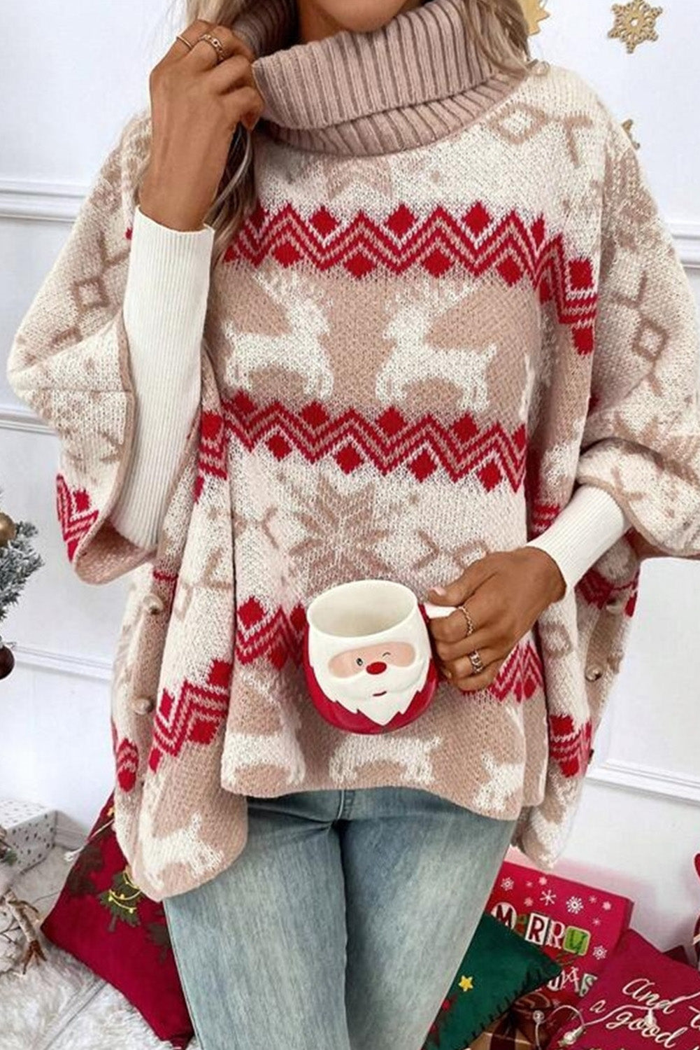 Christmas Buttoned High Neck Sweater