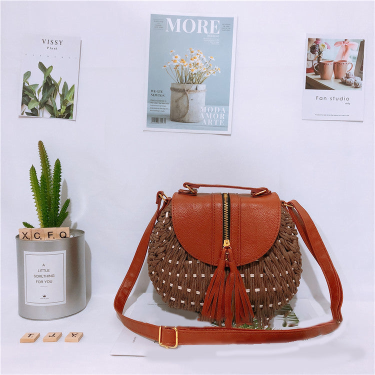 Bamboo Weaving Leather Flap Tassel Shoulder Bag