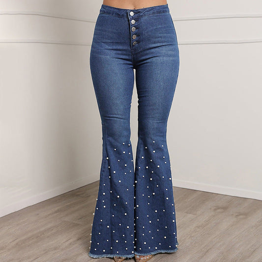 Beaded Stretch Denim Flared Pants