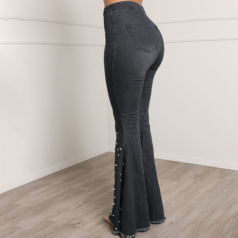 Beaded Stretch Denim Flared Pants