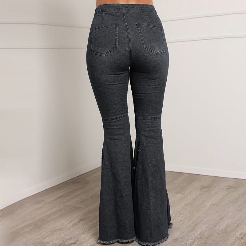 Beaded Stretch Denim Flared Pants