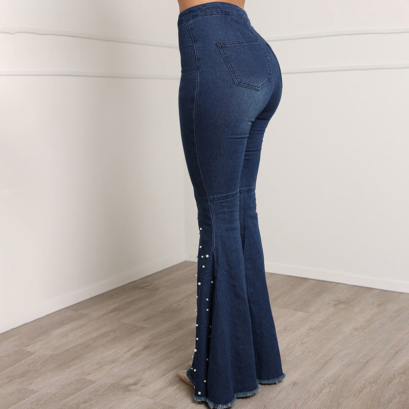 Beaded Stretch Denim Flared Pants