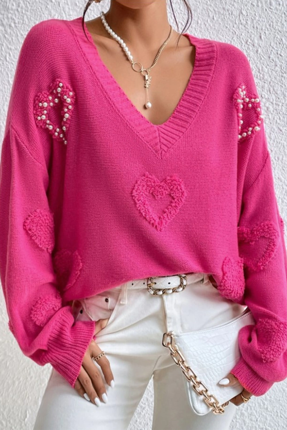 Pearl Embellished Fuzzy Hearts Sweater