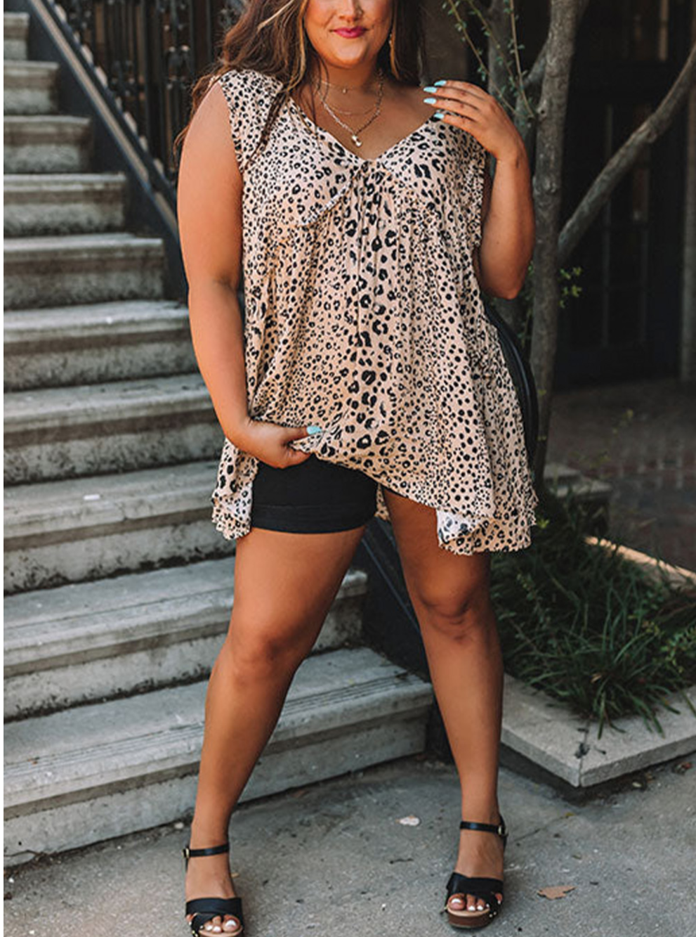 Plus Size V Neck Leopard Babydoll Tank Top