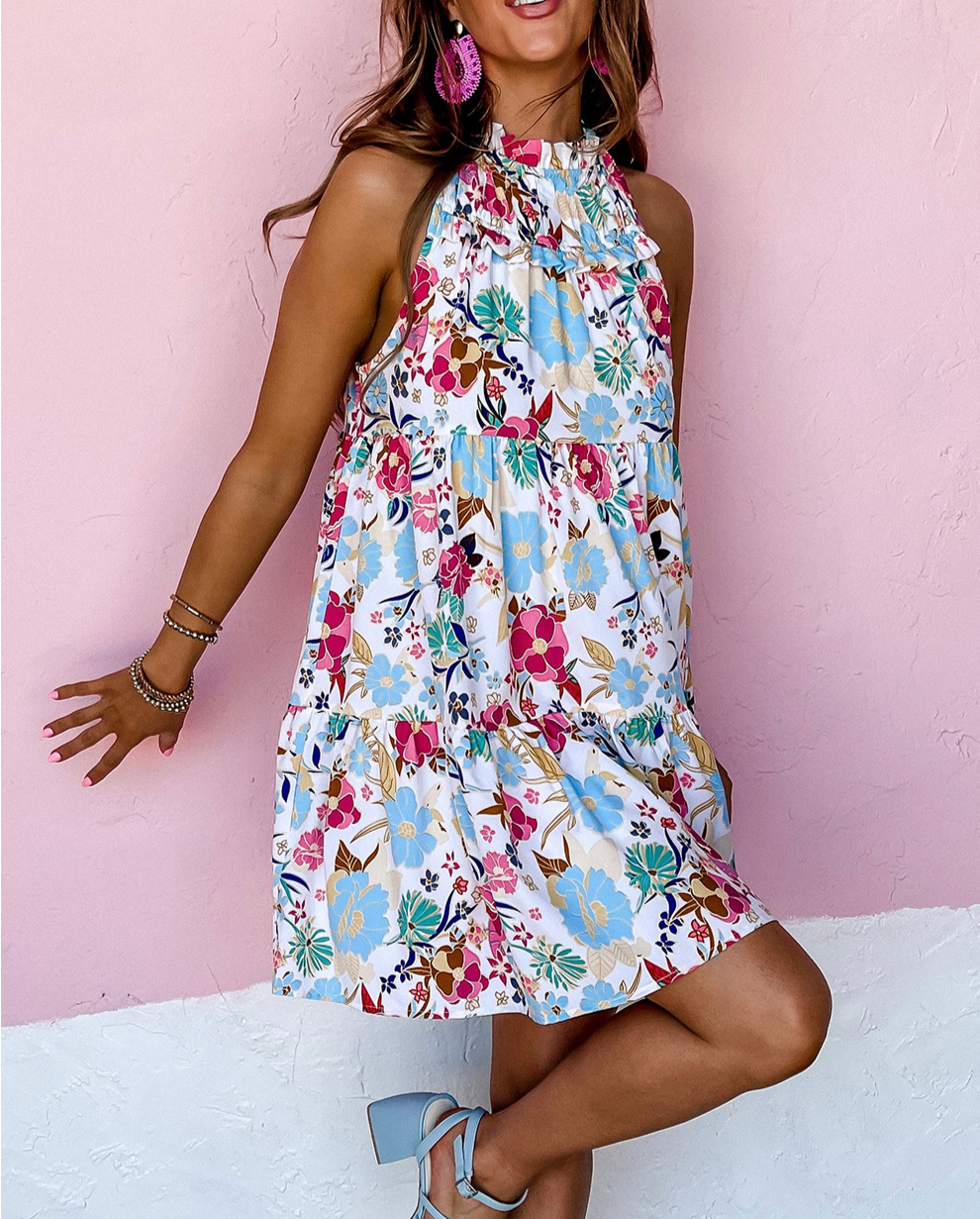 Frill Mock Neck Sleeveless Floral Dress