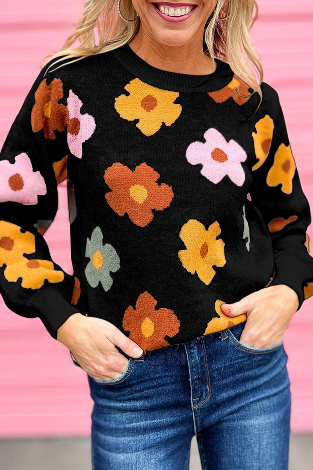 Flower Knitted Ribbed Hem Sweater