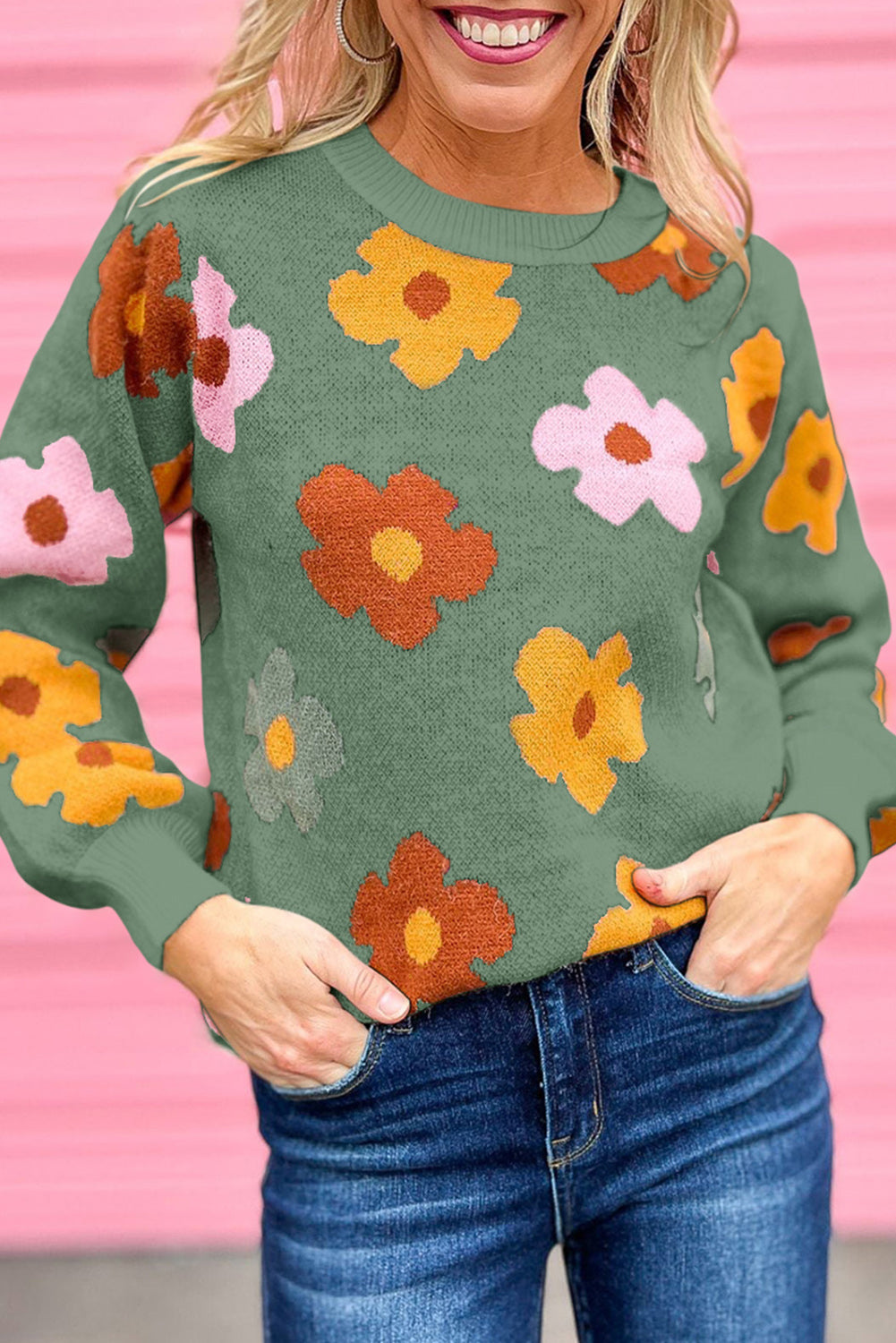 Flower Knitted Ribbed Hem Sweater