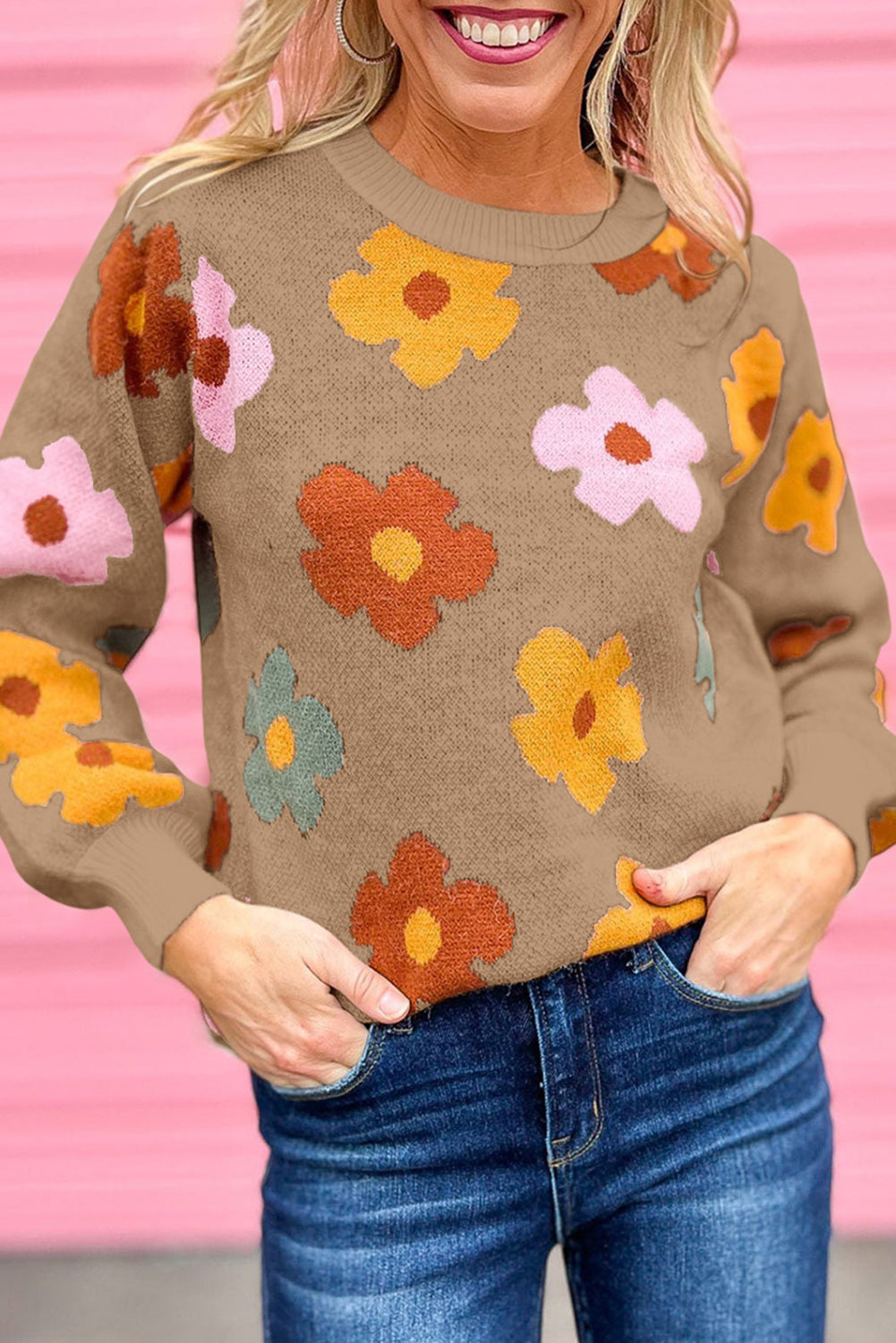 Flower Knitted Ribbed Hem Sweater