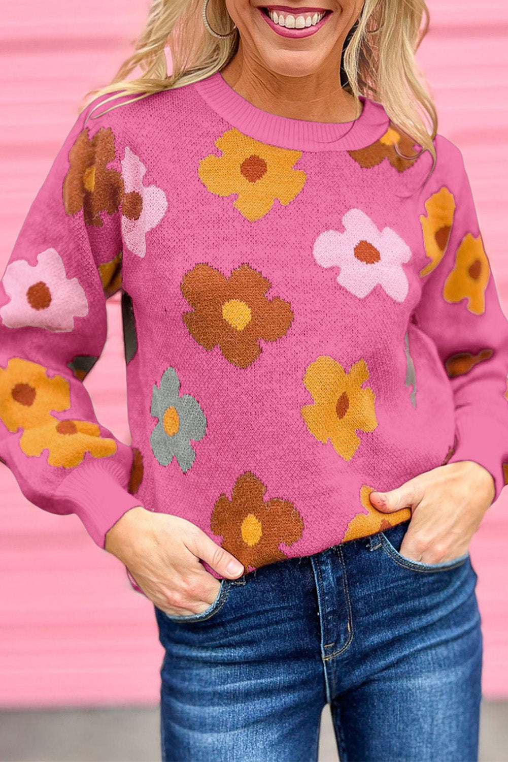 Flower Knitted Ribbed Hem Sweater