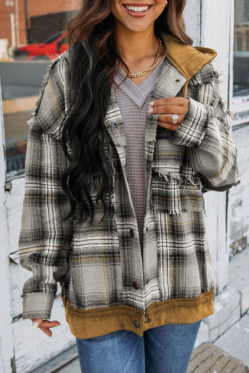 Plaid Patch Hooded Frayed Snap Button Jacket