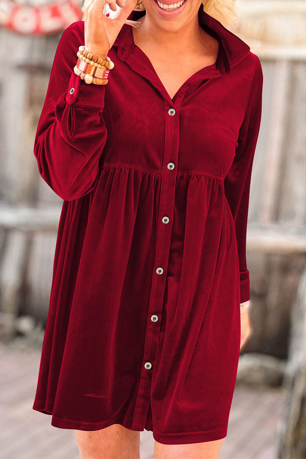 Long Sleeve Ruffle Velvet Button Up Dress