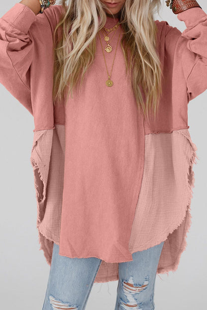 Crinkle Splicing Raw Hem Oversized Tee