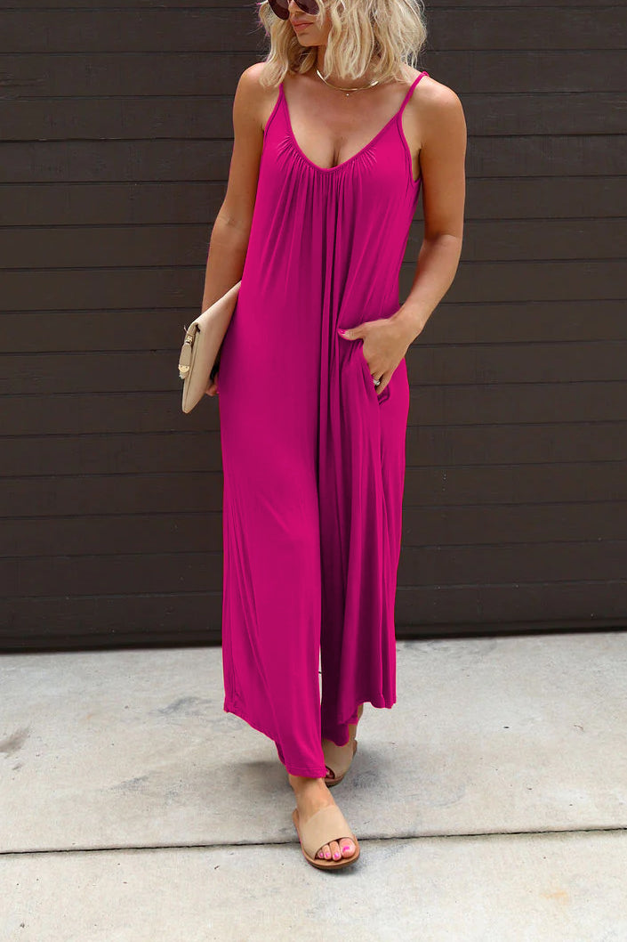 Plain V Neck Ruffles Pockets Wide Leg Jumpsuit