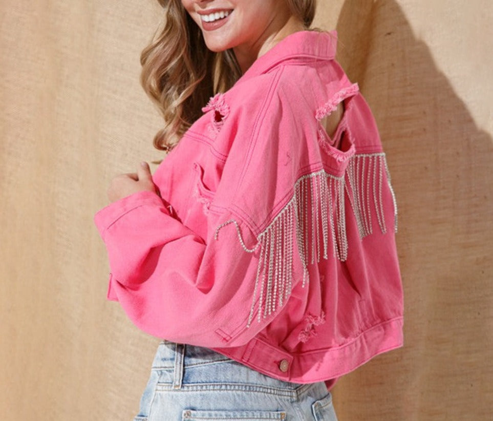 Rhinestone Fringed Denim Jacket