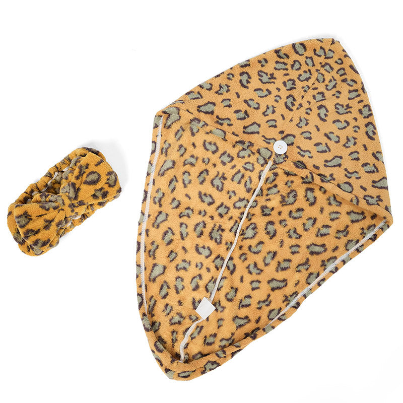 Leopard Dry Hair Cap and Bow Headband Set