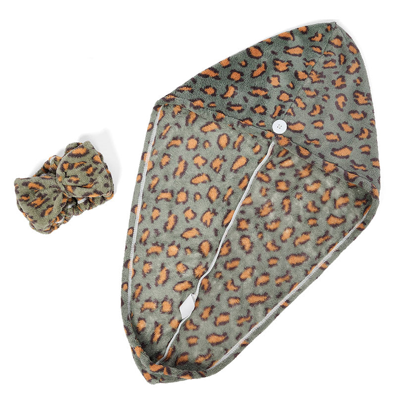 Leopard Dry Hair Cap and Bow Headband Set