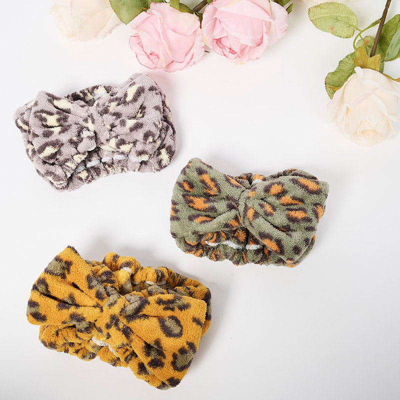 Leopard Dry Hair Cap and Bow Headband Set