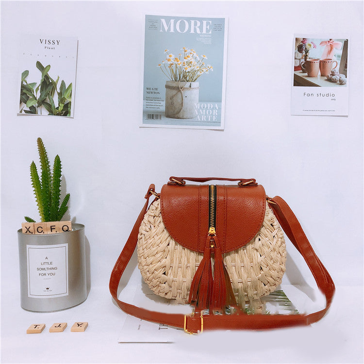 Bamboo Weaving Leather Flap Tassel Shoulder Bag