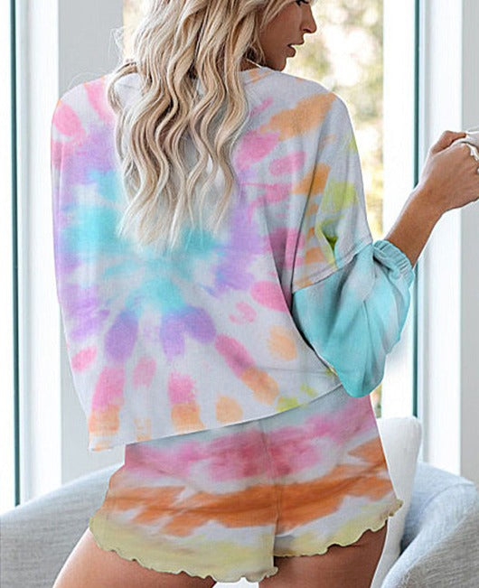 Tie-dye Printed Long-sleeved Top + Shorts Set